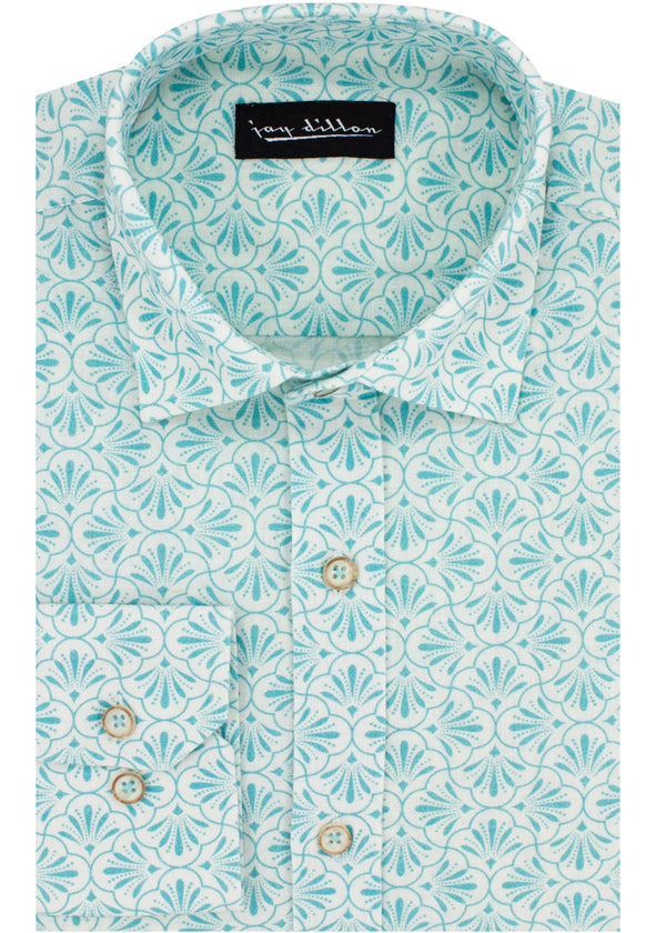 Geometric Print Cotton-Linen Shirt - Blue